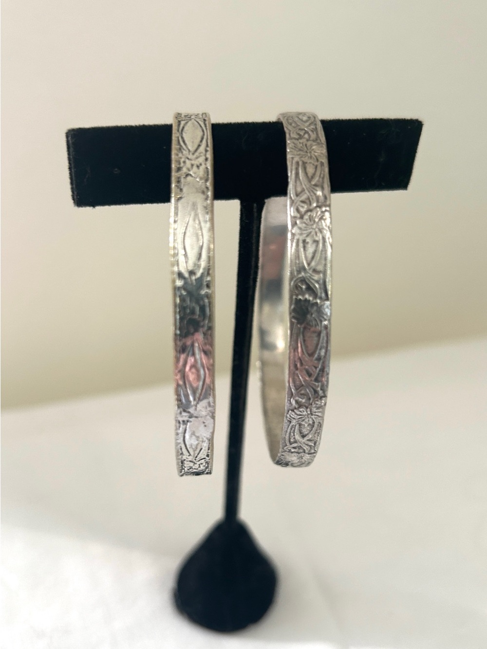Vintage Sterling Silver Bangle Bracelets Set of 2 MEXICO FLORAL FLOWERS  8.5" L